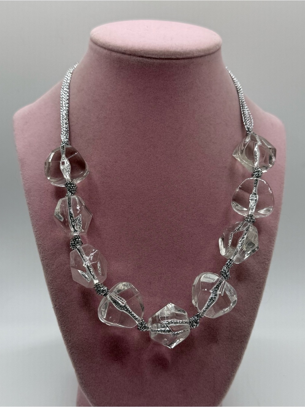 Clear acrylic Bead Necklace with Silver Accents